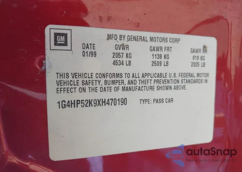 1999 Buick Lesabre Custom из США, поврежденный, VIN 1G4HP52K9XH470190